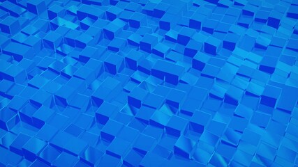 3d rendering abstract fluid background. Beautiful wavy glass surface of blue liquid with square pattern, gradient color and flow waves on it. Creative bright bg