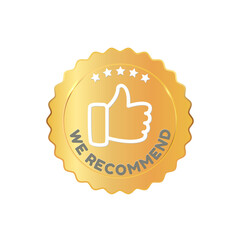 We recommend golden label with ribbon and thumbs inside gold shiny emblem. Recommend icon with thumbs and stars. Modern web banner element.Stock vector illustration on white isolated background.