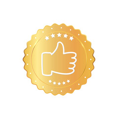 We recommend golden label with ribbon and thumbs inside gold shiny emblem. Recommend icon with thumbs and stars. Modern web banner element.Stock vector illustration on white isolated background.
