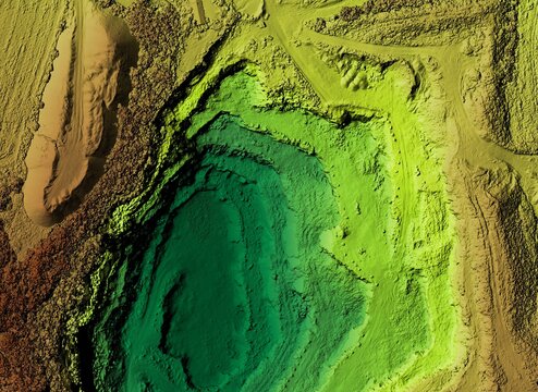 DEM - digital elevation model. GIS product made after processing aerial pictures taken from a drone. It shows excavation site with steep rock walls