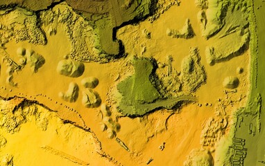 DEM - digital elevation model. GIS product made after proccesing aerial pictures taken from a drone by mapping. It shows mine area and aggregate storage