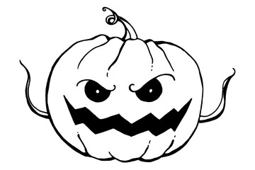 Halloween lineart pumpkin with small hands-sprouts isolated on white background