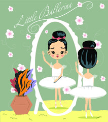Cute little Ballerina in a front of the mirror. Wallpepers with flowers. Asian dark hair girl. Vector illustration. 