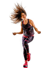 one african mixed race mature woman cardio dancer dancing fitness exercises in studio isolated on white background