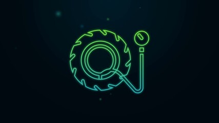 Glowing neon line Tire pressure gauge icon isolated on black background. Checking tire pressure. Gauge, manometer. Car safe concept. 4K Video motion graphic animation