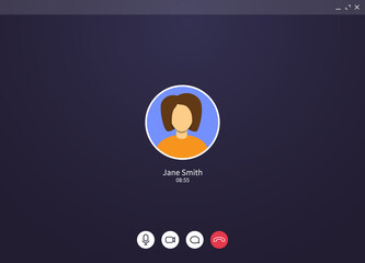 Video call screen, web user interface of conference chat application with mic and video icon and blank place for your picture. Call window ui mockup for online business or learning.