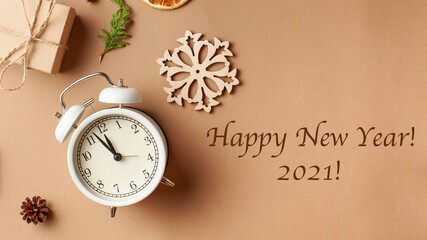 New year background, new year card with the text Happy new year 2021. Copy space. The concept of new year's eve.