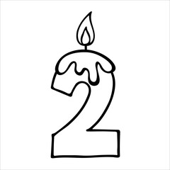 Cute number 2. Hand drown two figure candle. Design for baby birthday, baby party invitation, logo, sticker, greeting card, shirt print. Happy first birthday. 2nd anniversary celebration Template.
