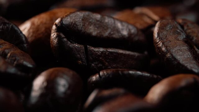 Macro view of freshly roasted coffee beans.
