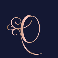 Letter O logo with decorative swirl elements.Ornamental calligraphy lettering sign.Rose gold alphabet initial icon isolated on dark background.Elegant,organic,luxury,beauty style character shape.