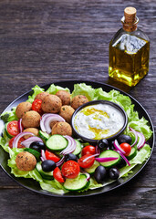 Platter of falafels with vegetables with tzatziki