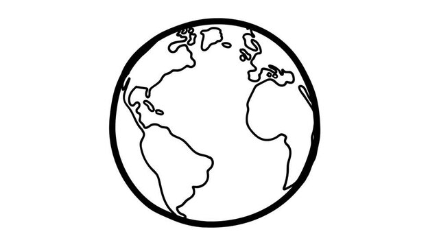 Earth cartoon. Black and white whiteboard hand drawn outline globe. Fully hand drawn, dynamic, cartoon animation on white background for any use. Seamless loop, alpha channel.