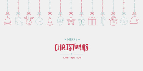 Christmas card with hanging elements and greetings. Simple Xmas ornaments. Vector