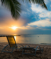 Sunrise at Itaparica Beach on the Brazilian coast, Bahia. Wooded beach with coconut trees and blue sea.