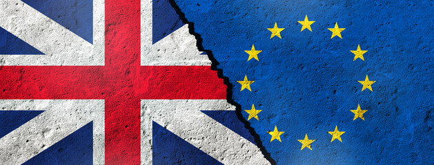 Political relationships. European and British Flag divided diagonally. Partnership and conflicts.