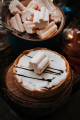 autumn atmosphere tea and coffee with a delicious cake on a wooden background