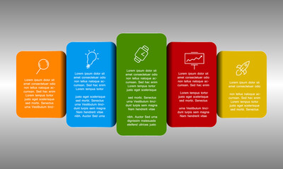 Five part company template with find idea time growth and success icons