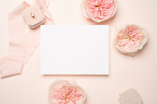 Feminine blush wedding background with copy space and garden roses