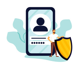 Online registration and sign up concept. Young man signing up or login to online account on smartphone app. User interface. Secure login and password. Vector illustration for UI, mobile app, web