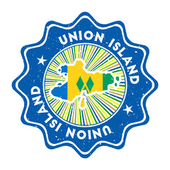 Union Island round grunge stamp with island map and country flag. Vintage badge with circular text and stars, vector illustration.