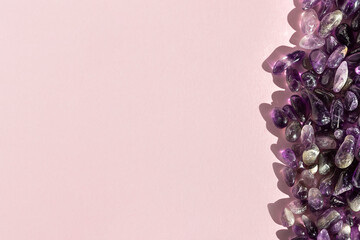 Crystal minerals on pink background. Magic Rock for Healing stones.