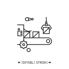 Production line icon. Product assembly process. Machine tools working. Conveyor production. Technological process.Stages and elements of a successful production cycle. Editable stroke