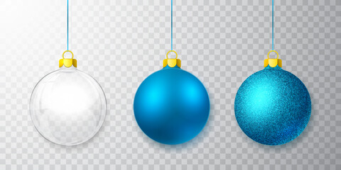 Blue shiny glitter glowing and transparent Christmas balls. Xmas glass ball. Holiday decoration template. Vector illustration