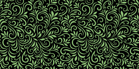 Vector seamless pattern with leaves and curls. Monochrome abstract floral background. Stylish monochrome texture.