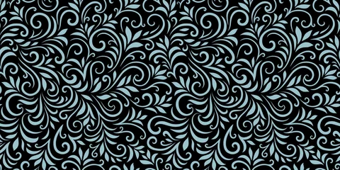 Fotobehang Vector seamless pattern with leaves and curls. Monochrome abstract floral background. Stylish monochrome texture. © Oleksandra
