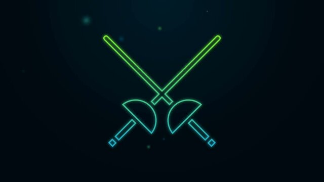 Glowing neon line Fencing icon isolated on black background. Sport equipment. 4K Video motion graphic animation