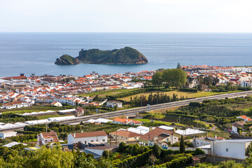 View of the sea, the island, the city of Vila Franca do Campo from the chapel of Nossa Senhora da Page. San Miguel Island, Portugal. Travel to the Azores