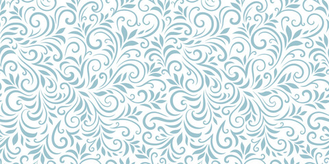 Fototapeta na wymiar Vector seamless pattern with leaves and curls. Monochrome abstract floral background. Stylish monochrome texture.