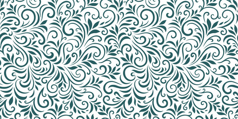 Vector seamless pattern with leaves and curls. Monochrome abstract floral background. Stylish monochrome texture.