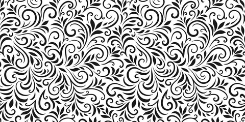 Vector seamless pattern with leaves and curls. Monochrome abstract floral background. Stylish monochrome texture.