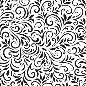 Vector seamless pattern with leaves and curls. Monochrome abstract floral background. Stylish monochrome texture.