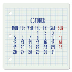 October year 2020 monthly notebook page calendar