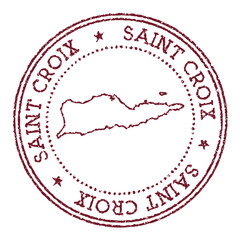 Saint Croix round rubber stamp with island map. Vintage red passport stamp with circular text and stars, vector illustration.