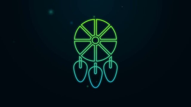 Glowing neon line Dream catcher with feathers icon isolated on black background. 4K Video motion graphic animation