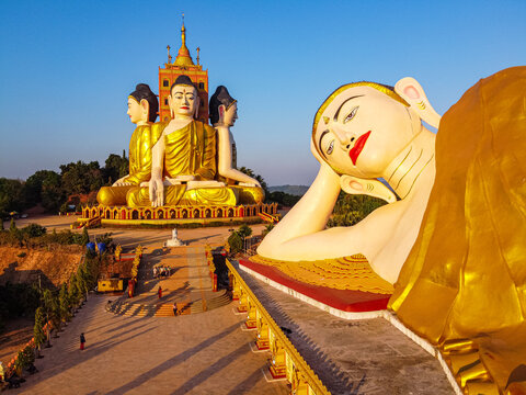 Aerial of the huge sitting and reclining Buddhas, Ko Yin Lay, Pupawadoy Monastery near Ye, Mon state