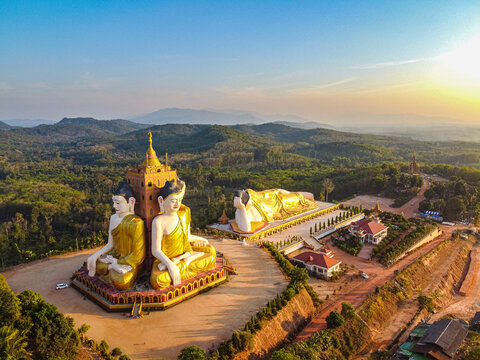 Aerial by drone of the huge sitting and reclining Buddhas, Ko Yin Lay, Pupawadoy Monastery near Ye, Mon state