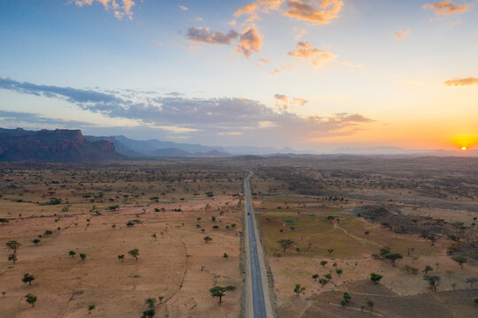 Empty road across the arid landscape, aerial view by drone, Gheralta Mountains, Hawzen, Tigray Region, Ethiopia