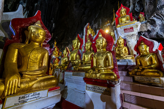 Gilded Buddha images in the caves at Pindaya, Shan state