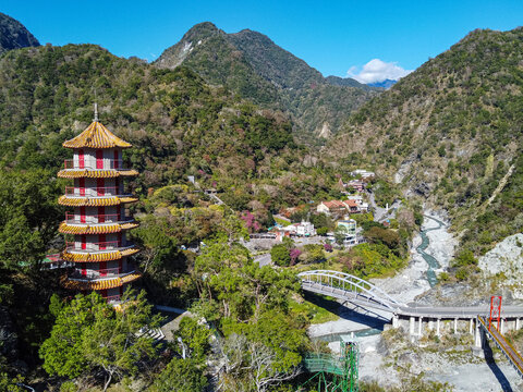 Aerial of Tianfeng Pagoda and Tianxiang recreational area, Taroko National Park, Hualien county, Taiwan