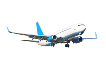 modern airplane isolated on white background. Passenger plane flying. Jet aircraft landing. Business jet taking off. Perspective view of airliner with blue tail. Design template for aviation theme