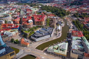 Aerial view by drone of Inom Vallgraven old city by the harbor in Gothenburg, Sweden, Scandinavia