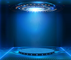 Futuristic pedestal for product presentation. Fantastic circle HUD,GUI,UI interface screen design.Blank display, stage or podium for show product in futuristic cyberpunk style.Technology demonstration