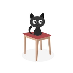 Cat sitting on a chair. Vector illustration of pet character on the wooden stool. Flat style