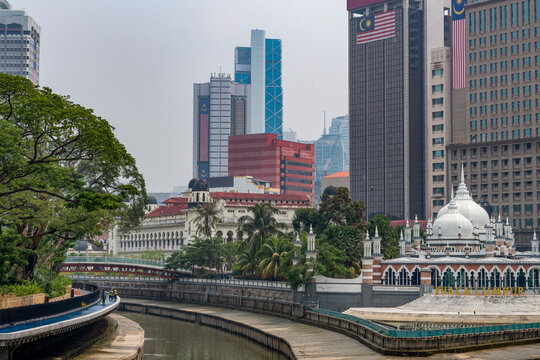 Masjid Jamek Mosque at the confluence of the Klang and Gombak River in the capital city of Kuala Lumpur, Malaysia