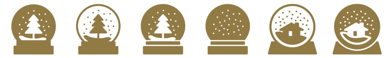 Snow Globe Fir Tree House Icon Gold | Snow Dome Illustration | Christmas Symbol | Winter Season Logo | Xmas Glasses Sign | Isolated | Variations