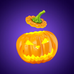 3d render, pumpkin with scary face carved. Halloween Jack o'lantern character. Clip art isolated on blue background.